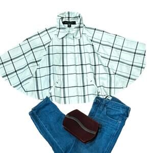 Apostrophe cropped Pelerine Jacket Preppy Ivory Plaid Blue & Black - Medium